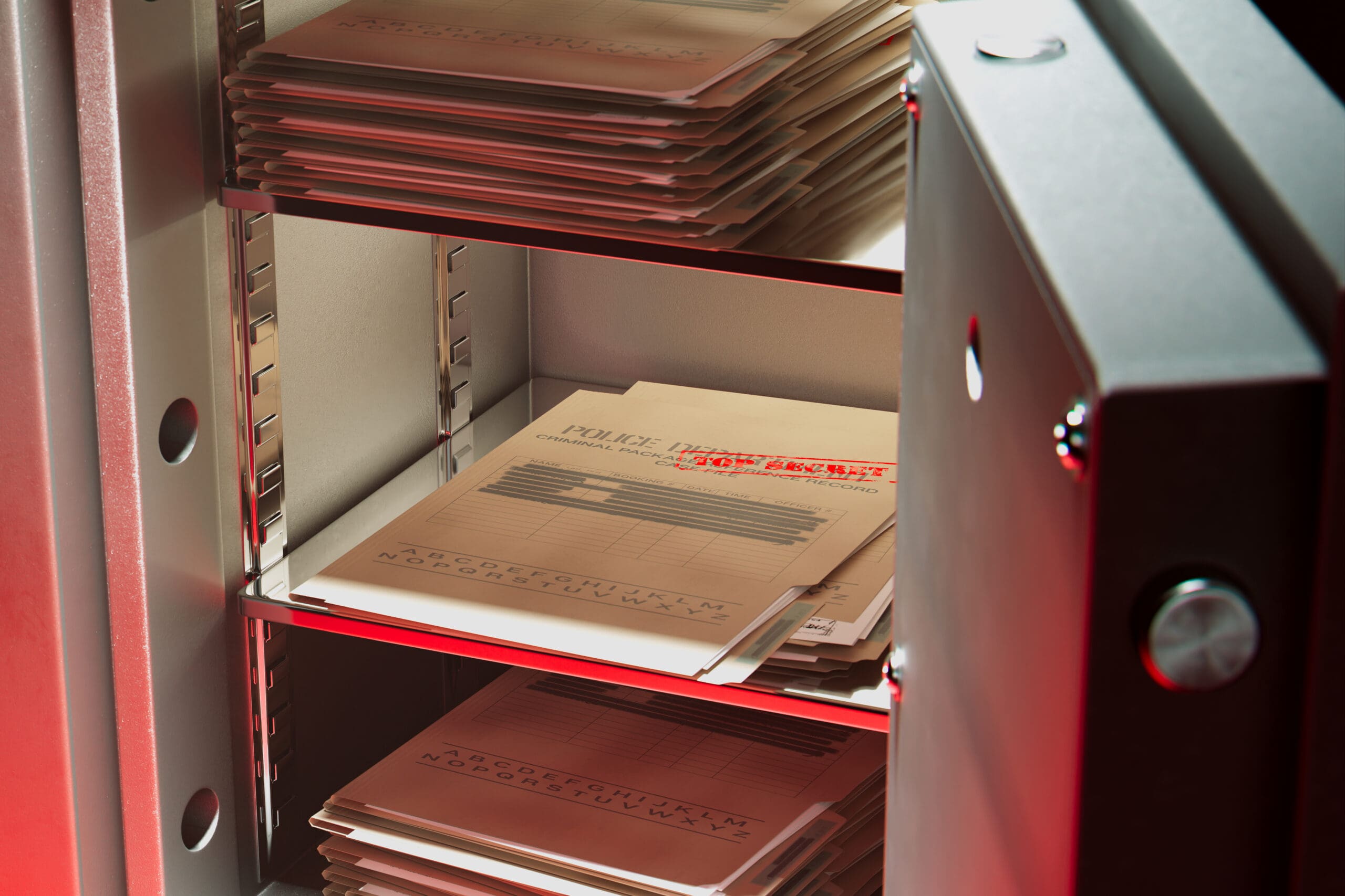 An open file cabinet or safe containing several folders labeled "TOP SECRET." One folder is partially pulled out, revealing documents inside. The scene is illuminated by a red light, casting a dramatic glow on the papers.